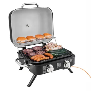Kenmore Tragbarer Gasgrill - Kleiner 2-Brenner Balkongrill 14.000 BTU - BBQ Grill ideal für Camping, Camper und Balkon - 58 x 48 x 39 cm - Campingaz Grill - Tisch-Gasgrill (Schwarz - 50 Bar)
