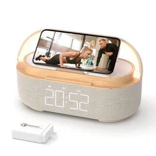 Digital Radio Alarm Clock with Wireless Charger, Bluetooth Speaker with USB Charger, Smart Alarm Clock, Snooze Function, Inductive Charging Station, Night Lamp, Dimmable LED Display and Battery Backup