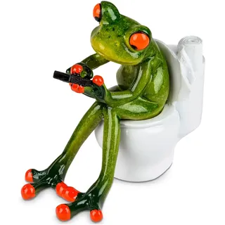 itsisa Dekofigur Frosch auf Toilette mit Handy 11x13 cm - Deko für Badezimmer, WC Frösche, lustige Dekoration Smartphone