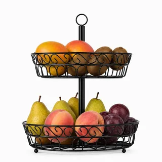 CaitongX Obst Etagere 2 Etagen – 24x40cm Obstschale aus Metall, Moderner Obstkorb für länger frisches Obst, Schwarze Obstablage für Küche, Wohnzimmer, Party