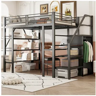 OKWISH Kinderbett Hochbett Metallbett Stauraumbett Jugendbett Eisenbett Gästebett (Mit Schreibtisch, Kleiderschrank und Sicherheitsstufen, Perfekt für Kinder- und Jugendzimmer, Platzsparendes Design., 140x200 cm), ohne Matratze schwarz