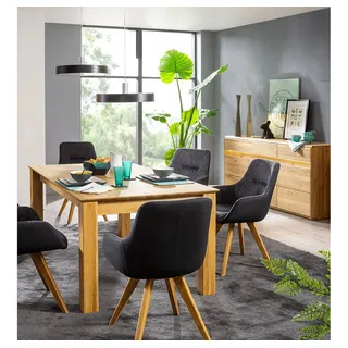 Lomadox Esszimmer-Set WELLAND-69, (Spar-Set, 2-St., Esstisch Highboard Sideboard Vitrine), in Eiche massiv geölt inkl. Beleuchtung, Esstisch 180x100 cm, montiert braun
