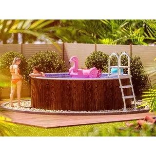 poolomio® Stahlwandpool rund 460 x 120 cm Holzoptik | Robuster Gartenpool als Aufstellbecken oder Einbaupool | Aufstellpool Komplettset mit Innenfolie 0,25 mm, Skimmer & Einlaufdüse