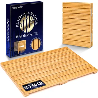 SereneLife Badematte rutschfest, 60x40cm Bambusmatte, Badematte Holz Faltbar & Schimmelresistent, für Sauna, Hotel, Spa, Terasse, Badvorleger Schnell Trocknend