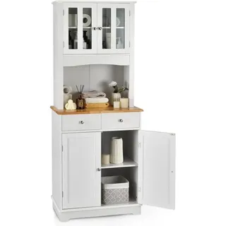 Küchenschrank hoch, 170 cm Buffetschrank Holz, Hochschrank mit 2 Schubladen & verstellbaren Ablagen & Glastüren & Kabelloch, Küchenbuffet