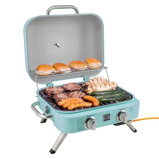 Kenmore Tragbarer Gasgrill - Kleiner 2-Brenner Balkongrill (4,1 kW) - BBQ Grill ideal für Camping, Camper und Balkon - 58 x 48 x 39 cm - Campingaz Grill - Tisch-Gasgrill (Türkis - 50 bar)