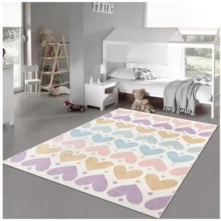 TeppichHome24 Kinderteppich Kinderzimmerteppich mit Herzmuster – weich & verspielt, rechteckig, Höhe: 6 mm bunt 120 cm x 170 cm x 6 mm
