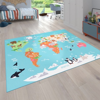 Kinderteppich PACO HOME "Bino 564" Teppiche Gr. B/L: 120 cm x 160 cm, 5 mm, 1 St., blau (türkis) Kinder Kinderzimmerteppiche Kurzflor, Motiv Weltkarte, Kinderzimmer