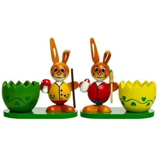 SIKORA Osterfigur OD08 Osterdeko Holz Eierbecher mit Osterhasen Figuren im 2er Set gelb|rot