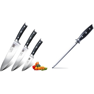 SHAN ZU Küchenmesserset 3 tlg, Messerset Profi Küchenmesser & Wetzstahl Messerschärfer Messer Stahl 20CM für Edelstahl Messer