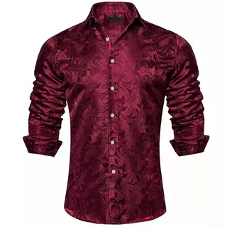 Smoking Style Herren Seidenhemd Langarm mit Paisley Muster für Events (2XL Rot)