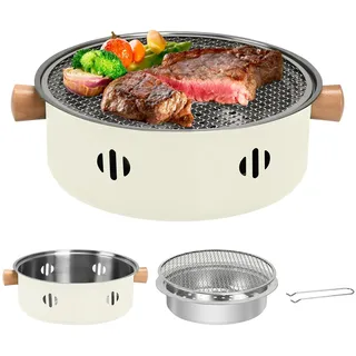 BSDLZCH tragbarer Holzkohlegrill, 1pc Mini BBQGrill Multifunktionaler Rauchfrei Runder Tisch-Holzkohlegrill für Indoor Outdoor Kochen HomeParty Picknick Camping (Beige)