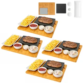 Lavastein Steakbrett, Servierplatte, Bambusbrett mit Hot Stone Grill, Steak Grillplatte, Steinplatte, Tischgrill Grill Set