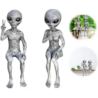 RZXBB 2 Stück Set Alien Dekoration,Aliens Figuren,UFO Garten Figur,Außerirdische Statue,gartenzwerg Lustig,Alien-Gartenstatue,Gartenfigur aus Kunstharz für Balkon Zimmer Home Dekoration Geschenke