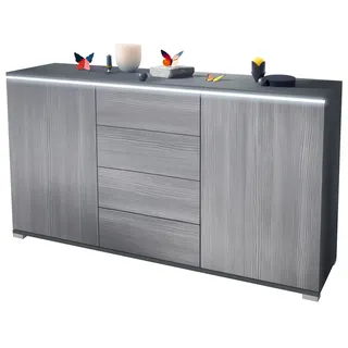 Vladon Sideboard Faro V1 (Kommode mit 2 Türen & 4 Schubladen, Schrank mit LED Lichtleiste), Anthrazit matt / Avola-Anthrazit (138,5 x 75,5 x 35) grau