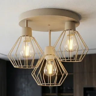 LUXOLAR Deckenleuchte Loft Beige Drahtkäfig 3-flammig Diamantform Metall E27 Design Deckenlampe Skandinavisch Wohnzimmer Küche Schlafzimmer - Beige