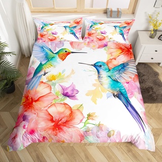 Loussiesd Kolibri Betten Set Tropische Vögel Bettwäsche Set 155x220cm Kolibri Blumen Bettbezug Set für Kinder Kinder Jungen Mädchen Mikrofaser Blühende Schwertlilien Rosa mit 1 Kissenbezug