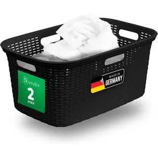 Novaliv 2 Stück Rattan Wäschekorb mit 4 Griffen 40L Schwarz, Wäschebox Set Wäscheeimer Wäschebehälter für Bad Wäsche Schmutzwäsche, Wäschekörbe Haushalt Zubehör Wäschetonne Sammler