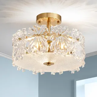 SHRINE LIGHTING Kristall-Kronleuchter Leuchte, Glas-Deckenleuchte für Wohnzimmer, D31 x H24cm, E14-Sockel 3-Lampen (Glühbirnen nicht im Lieferumfang enthalten), Gold-Finish
