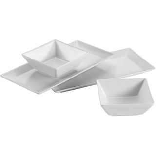 Mäser 931363 Schale/Platten rechteckige Teller und 2 quadratische Schüsseln in Weiß, Porzellan Geschirr Set für 2 Personen
