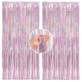 2 Stück Glänzender Rosa Folienvorhang,Lametta Vorhänge Irisierende Glitzer,Glitzer Vorhang,Metallische Folie Fransen Vorhang,Lametta Vorhang Glänzender Rosa fur Hochzeit Deko,Festivals Bühnendekor