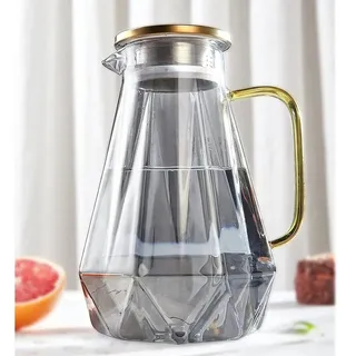 DUJUST Wasserkaraffe Schwarze Glaskaraffe mit Deckel 2 Liter Diamant Design hitzebeständig