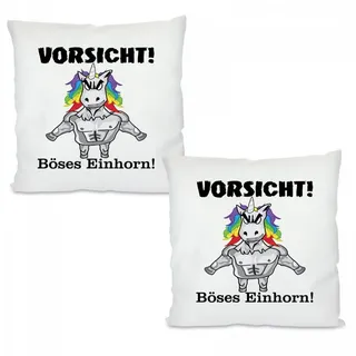 Herzbotschaft Dekokissen 2er Set Kissen mit einseitigem Motiv Vorsicht! Böses Einhorn, Kissenhülle mit Füllung