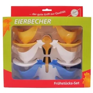 Sonja Plastic Eierbecher Huhn 6er Set mit Löffeln – Kult Frühstücksset aus Deutschland, Geschenkbox, weiß blau gelb Ost Design Eierhalter