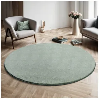 the carpet Teppich kuschelig & Super Soft, Anti-Rutsch Unterseite, rund, Höhe: 16 mm, Waschbar bis 30 Grad, Felloptik, Wohnzimmer Teppich, Kundenliebling grün rund | Ø 160 cm x 16 mm