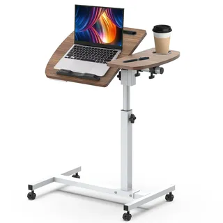 Beistelltisch, Betttisch auf Rollen Stehpult Höhenverstellbar, Mobiler Pflegetisch 60 x 40 cm, Laptoptisch mit 4 Feststellbaren Rollen, Beistelltisch für Krankenbett, Pflegebett & Zuhause – Walnuss