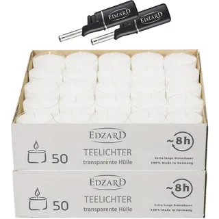 EDZARD Set 100 Teelichter (8 Stunden) weiß, aus Paraffin plus 2 Mini Feuerzeuge - Teelicht für Teelicht-Glas, Nightlights inkl.Anzünder - Kerzen