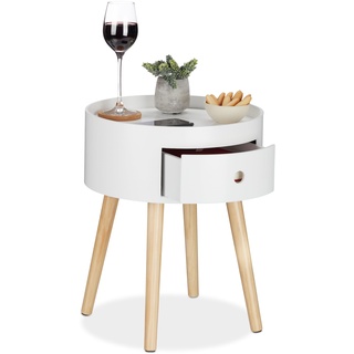 Relaxdays Beistelltisch rund, Schublade, Holzbeine, skandinavisches Design, minimalistisch, HxD 46 x 38 cm, weiß/Natur, 1 Stück