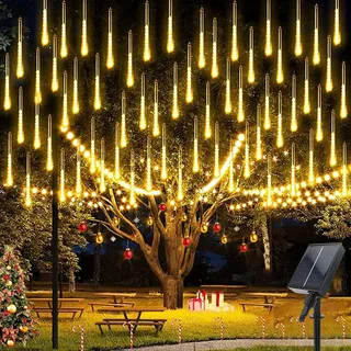 LED Solar Meteorschauer Lichterkette Wasserdicht Eiszapfen Meteor Regen Lichter Außen Garten Party Hochzeit Weihnachten Deko, 30cm 192LEDs, Warmweiß - Weiß