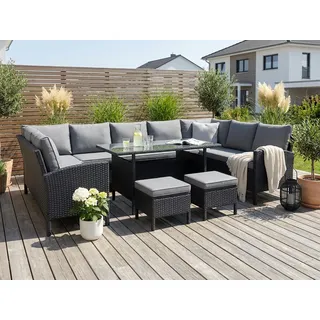 KONIFERA Gartenlounge-Set »Miami«, (Set, 22-tlg., 3x 3er Sofabank, Tisch 66x120x74 cm, 2 Hocker, inkl. Auflagen), Stahl/Polyrattan schwarz