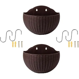 2 Stück Wand Blumentopf, Blumenampel, Blumentopf Hängend für Innen Außen, Halbrunder Rattanimitat Hängetopf für Pflanzen mit Ablaufauslass und 4 Haken, Wandvase für Garten, Zaun, Terrasse (Kaffee)
