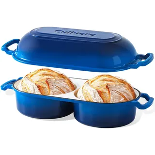 Gusseisen Brotbackform mit Deckel, Emaille, Doppel-Backform Ø16,5 cm | Mini Dutch Oven für Sauerteigbrot und handwerklich gebackenes Brot. Blau