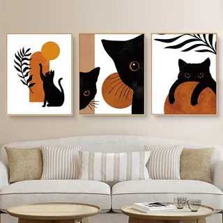 Uixxducc 3er Set Katzen Poster,Moderne Katzen Poster Set Bilder, Wandbilder Boho Deko für Schlafzimmer Wohnzimmer Deko,Ohne Rahmen (B,40x50cm)