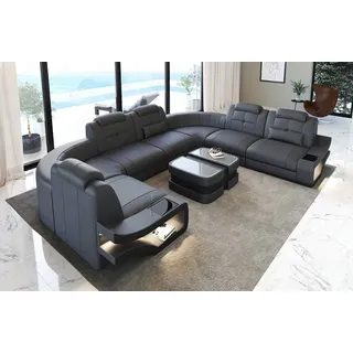 Sofa Dreams Wohnlandschaft Leder Couch Sofa Elena U Form Ledersofa, U-Form Ledersofa mit LED-Beleuchtung grau|schwarz