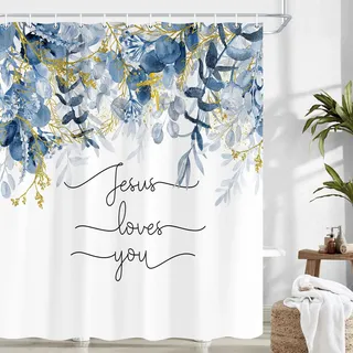 Wathon Duschvorhang mit Bibelvers und Botanischer Schrift, Motiv: Jesus liebt dich, mit Pflanzenblättern, inspirierender Glaube, Badezimmer-Duschvorhang-Set mit Haken, 183 x 183 cm, Blau