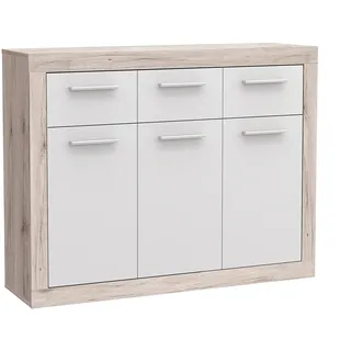 Forte BACCIO Kommode 120, Kommode mit 3 Türen und 3 Schubladen, Modernes Sideboard, Holzwerkstoff, Sandeiche Holzdekor / Weiß, 117,9 cm breit x 91,5 cm hoch x 34 cm tief