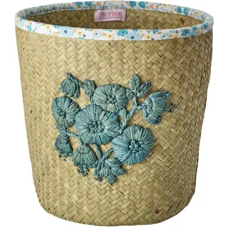 Rice, Spielzeugaufbewahrung, Raffia Basket with Blue Flower Embroidery and Flower Fabric Edge - Blue