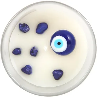Weiße Salbei-Kerze mit Sodalith-Kristallen und alle sehenden Augen Charme – Spirituelle Schutzkerze UK – Mystische Wohnkultur – Milchglas, Paraffinwachs, Kristallkerze