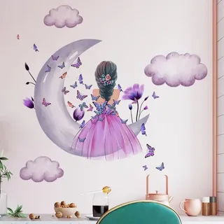 Schmetterlings-wandtattoos, Mond, Wolken, Blumen, Feen-wandtattoos, Florale Wanddekoration, Bunte Rosa Schmetterlinge, Wanddeko, Aufkleber