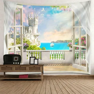 Beydodo Wandbehang Wandteppich Fensterblick, Wandvorhang Groß 260x240CM Meer und Burg Muster Wall Tapestry Wandteppiche Wandtuch Schlafzimmer Kinderzimmer