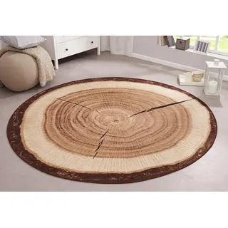 Hanse Home Bastia Special Design Teppich Rund - Modern Baumstamm Muster Holzoptik Baumstumpf Holz Wohnzimmerteppich für Esszimmer, Wohnzimmer, Flur, Schlafzimmer, Küche – Braun, ø100cm