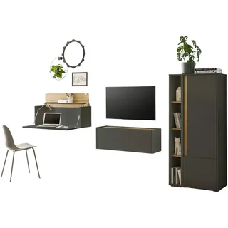 furn.design Wohnwand, grau Eiche Wotan 4-teilig 310 cm, Wohnzimmer Schränke mit Sekretär