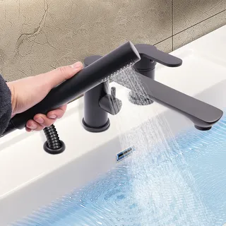 3-loch-badewannenarmatur, Badewannenarmatur Mit Handbrause Und Schlauch, Messing-mischbatterie Für Warm- Und Kaltwasser, Einstellbar, Schwarz