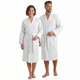 NYVI Bademantel NYVISpa Waffelpique - Unisex Saunamantel für Damen & Herren aus 100% Baumwolle - luftig leichter & atmungsaktiv Farbe:Weiß;Größe:S