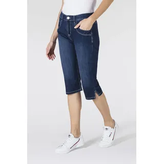 Caprijeans MAC "CAPRI", Damen, Gr. 44, Länge 19, blau (dunkelblau used), Denim/Jeans, Obermaterial: 98% Baumwolle, 2% Elasthan, Abriebeffekte, figurbetont kniebedeckend, Jeans, Eingelegte Zierfalten am Saum