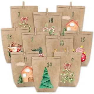 Adventskalender zum selbst Befüllen 24 Papier Tüten Aquarell
